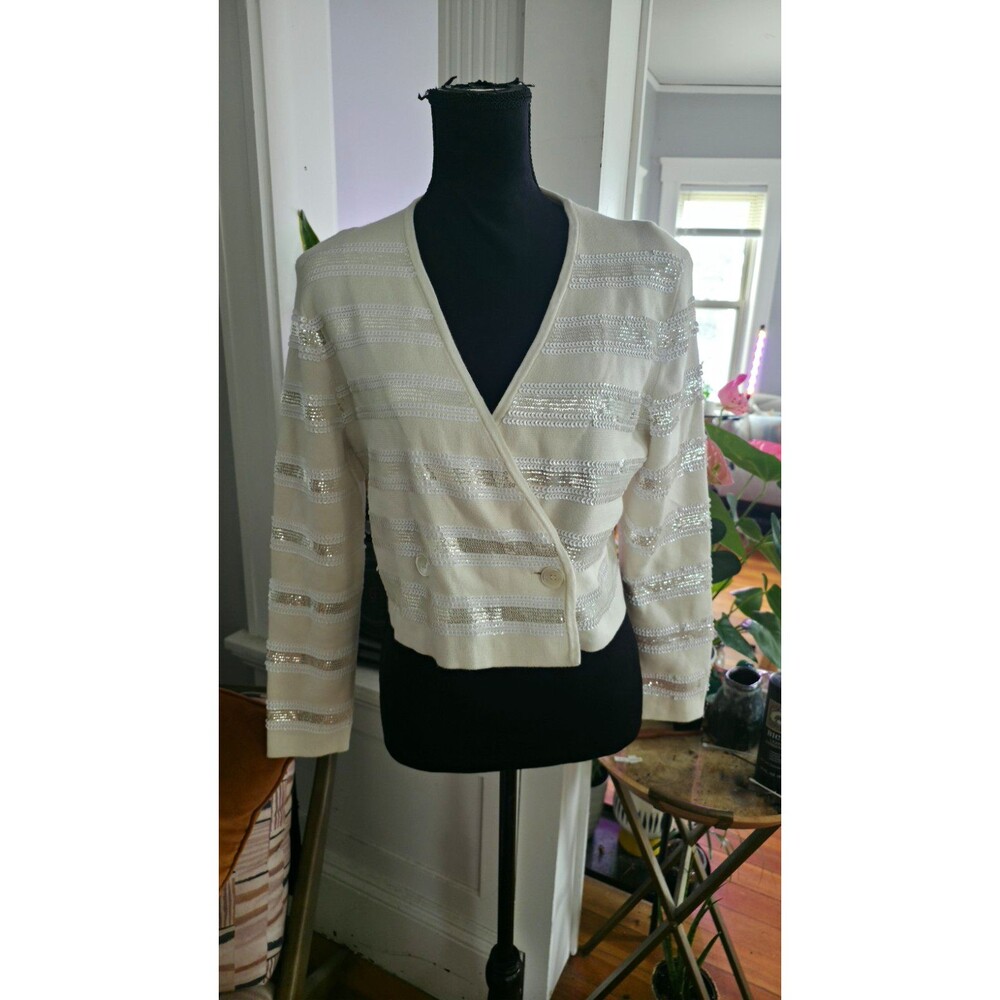 J.Crew Collection Ivory Silver Striped Sequin Knit Cropped Cardigan V-Neck Women
